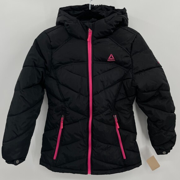 NWT REEBOK Girls Black Pink Puffer Hoodie Jacket Size L (14/16)